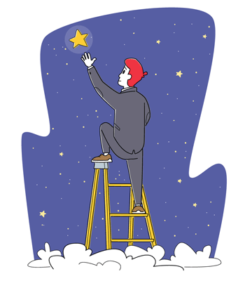 Мечтатель — человек стоит на лестнице и тянется к звезде