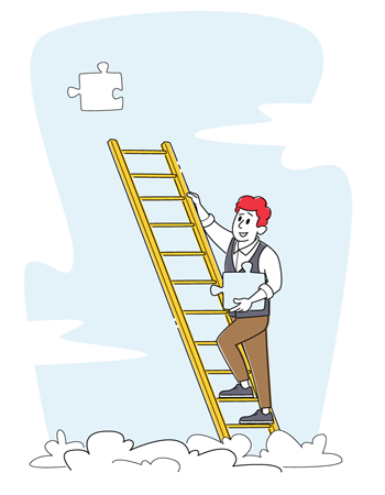Работающий — человек стоит на лестнице с пазлом в руке